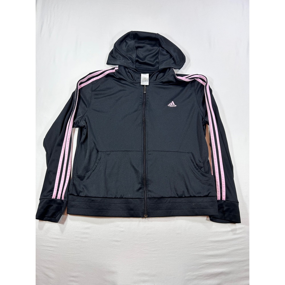 Adidas Womens XL Black Pink Stripe Full Zip Hooded Track Jacket Athletic Top